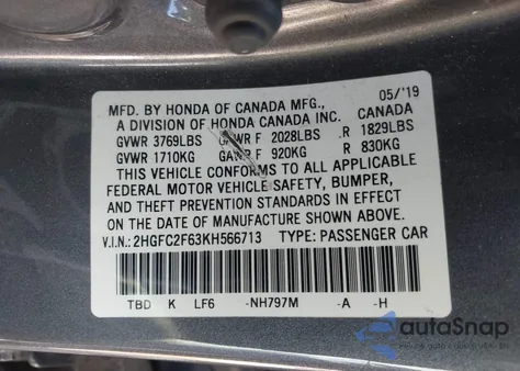 2019 Honda Civic Lx z USA, uszkodzony, nr VIN 2HGFC2F63KH566713